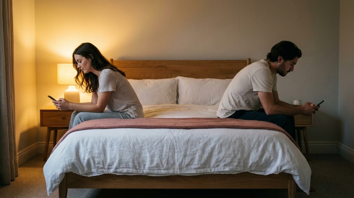 Couple sitting back to back on bed, both using smartphones, illustrating relationship disconnection and screen distraction.