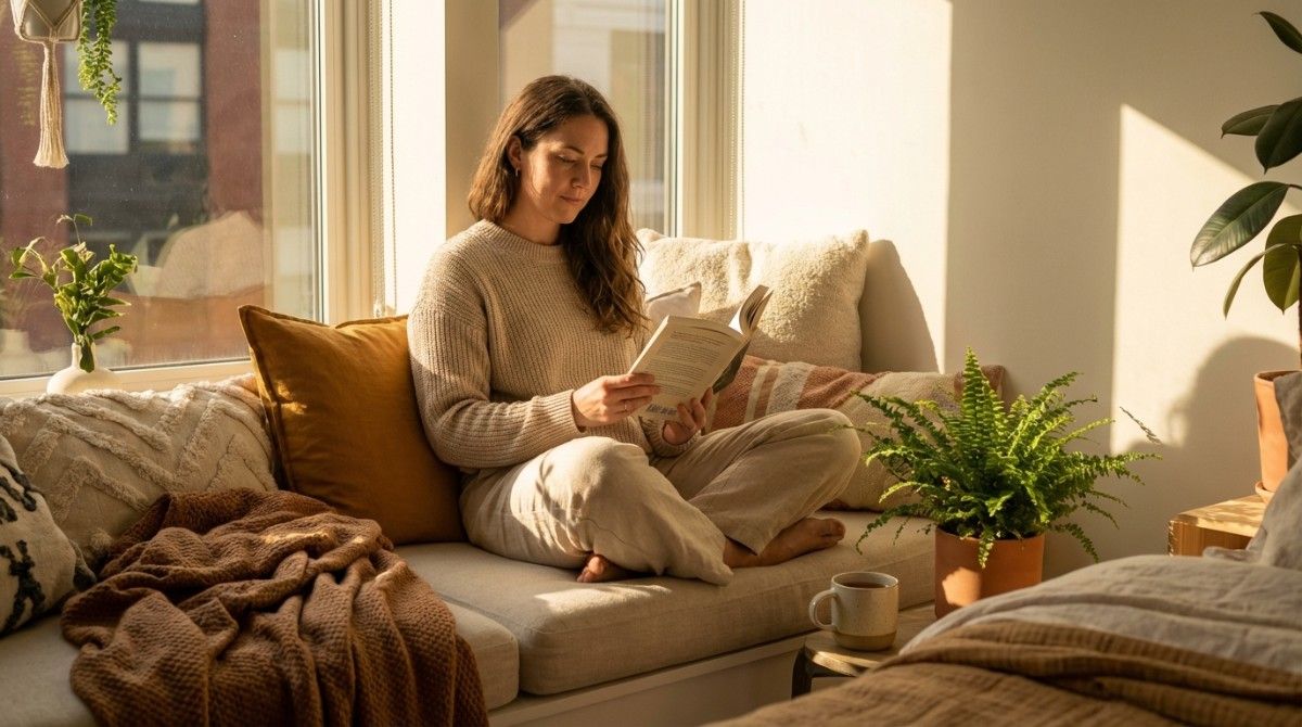 Woman smiling at phone in cozy café with warm lighting and coffee