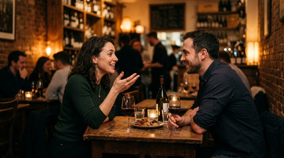 Couple enjoying conversation over wine on a dinner date at restaurant