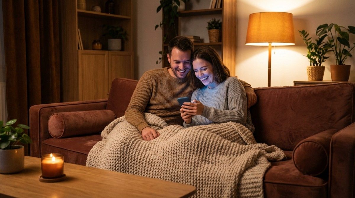 Couple relaxing on sofa using smartphone together in cozy home setting