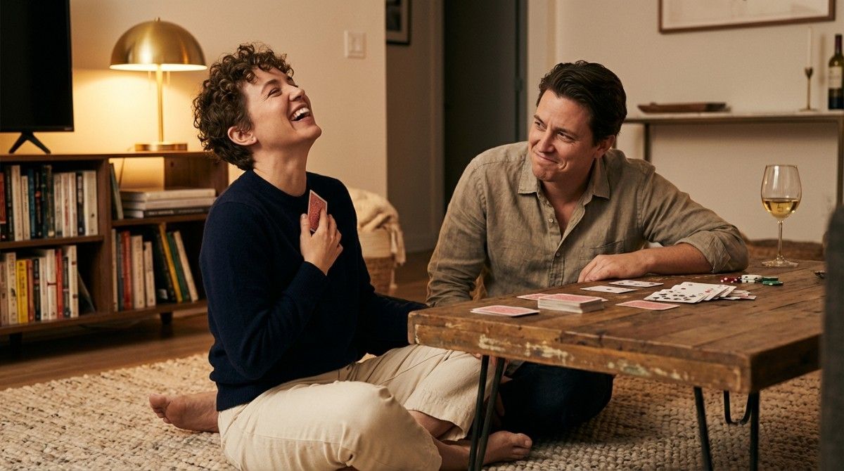 Couple laughing while playing a card-based questions game at home, creating a relaxed and engaging conversation