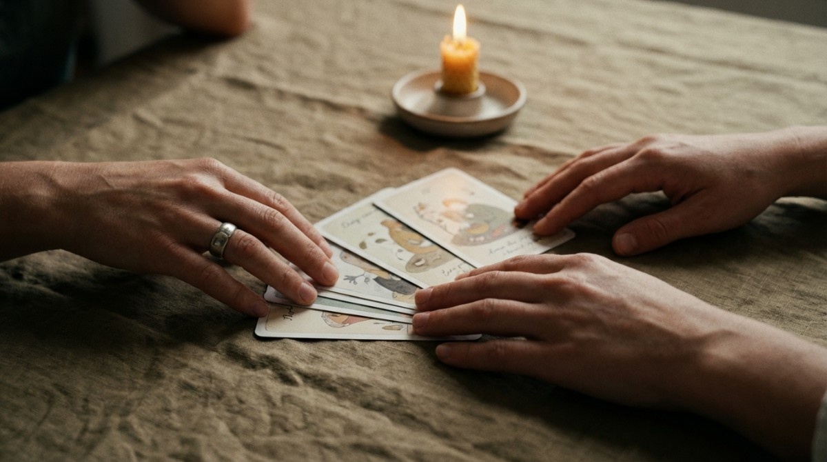 Close-up of hands holding question cards during an intimate conversation game by candlelight