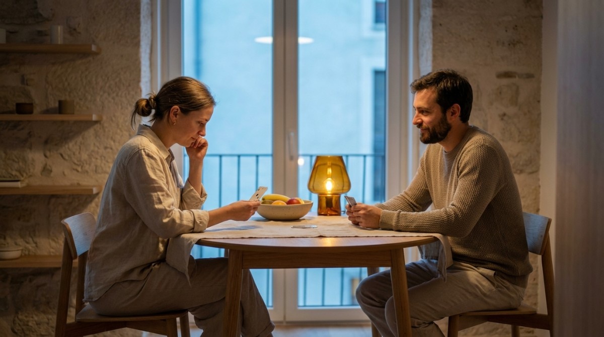 Couple sitting at a table using their phones instead of engaging in meaningful conversation