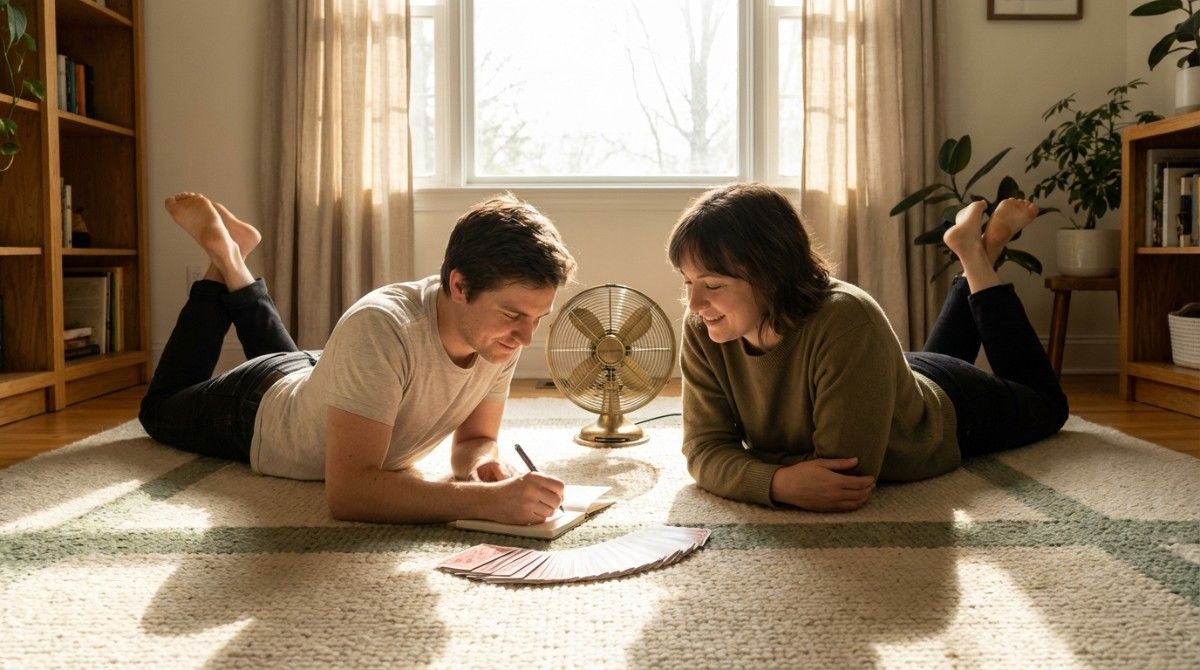 Couple lying on the floor writing answers during a relationship questions game session at home