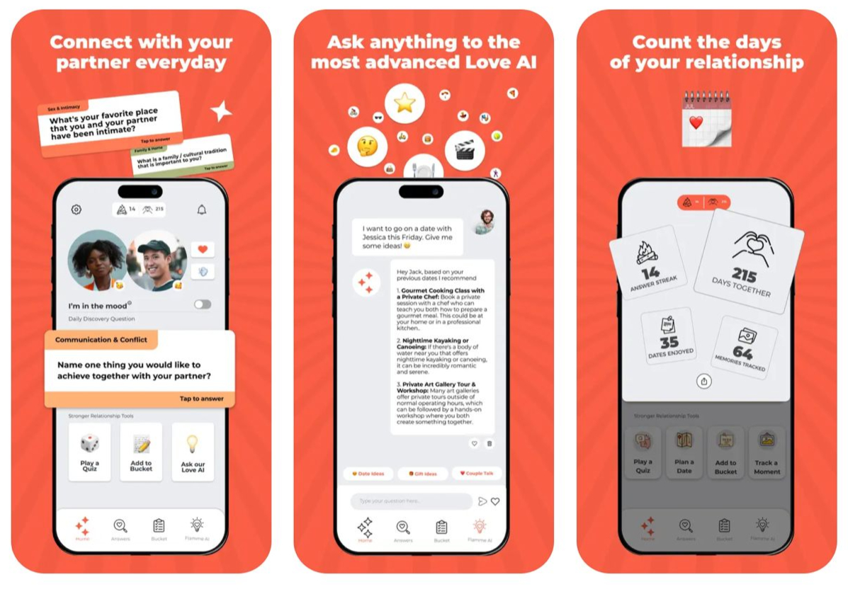 screenshots of flamme the couples app