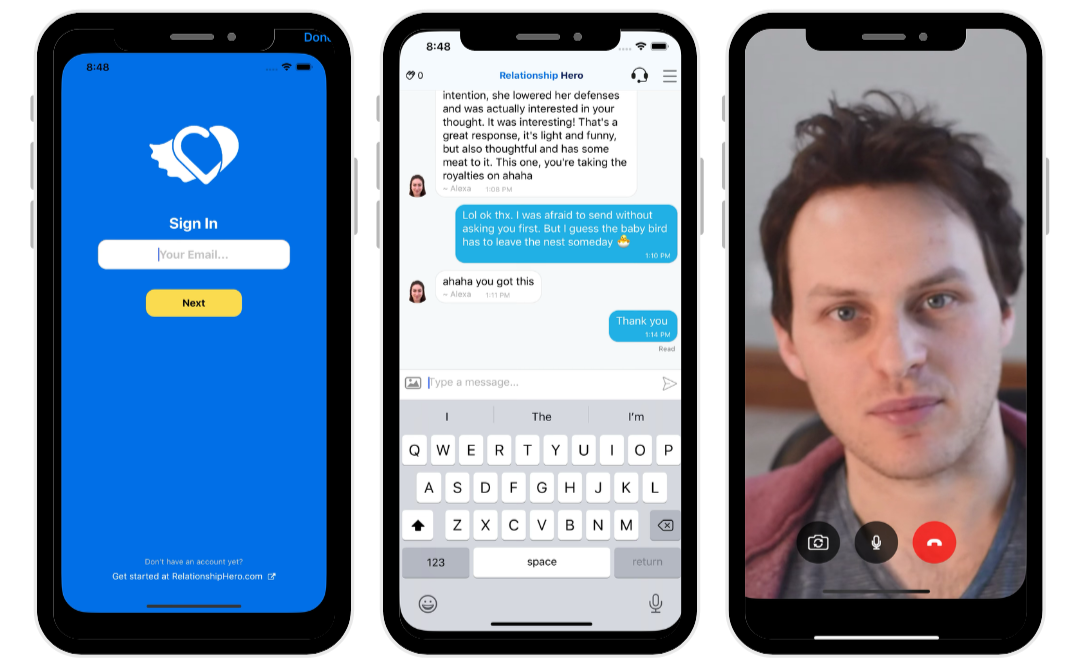 screenshots of relationship hero app