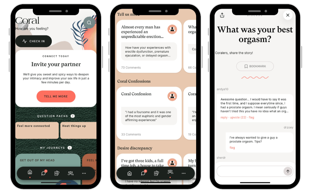 screenshots of Coral app for sex advice