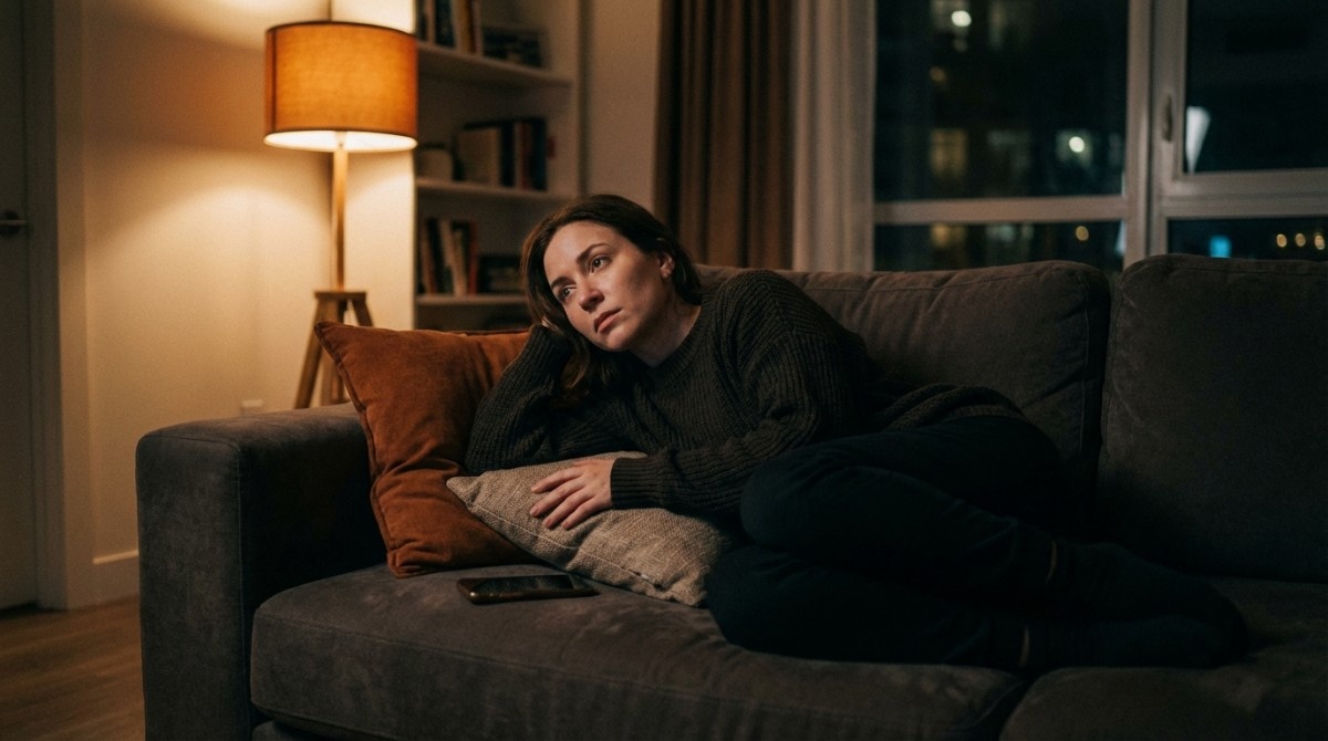 Woman lying on a couch at night looking tired and emotionally distant with her phone beside her