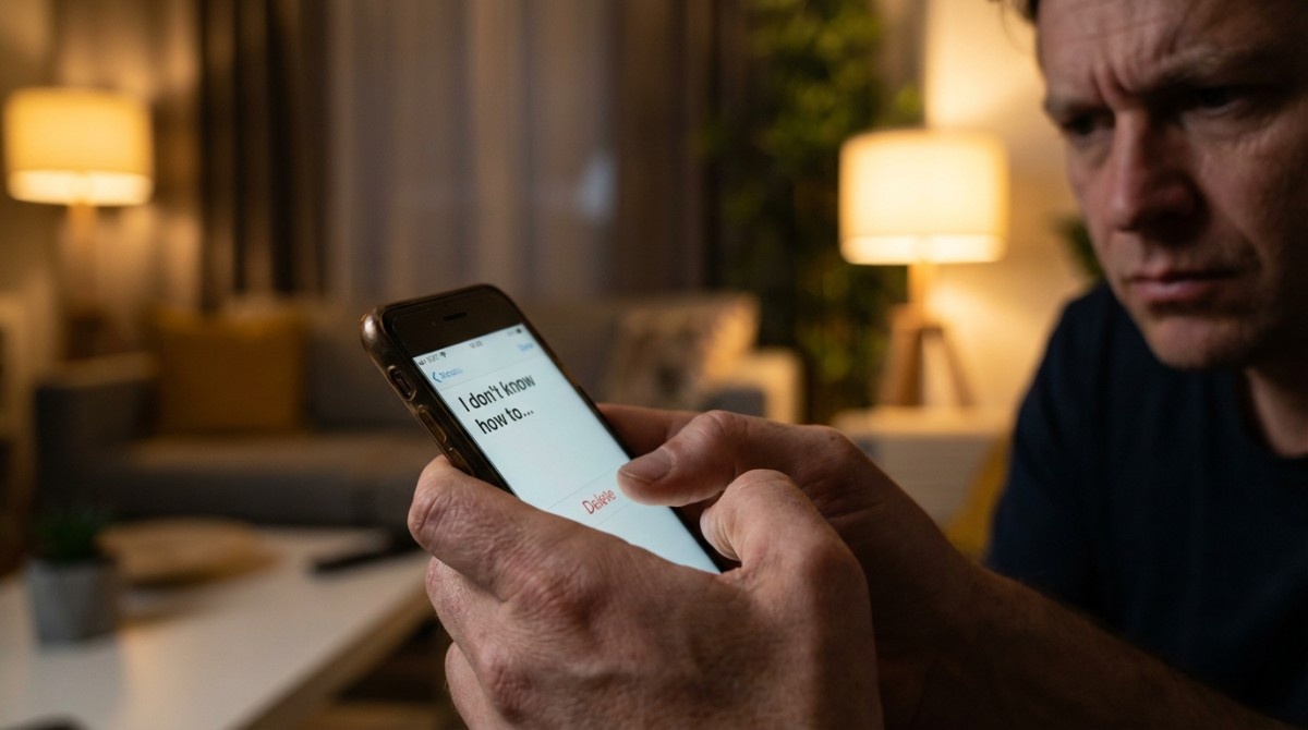 Man holding a phone with a half-typed message, looking unsure about what to say