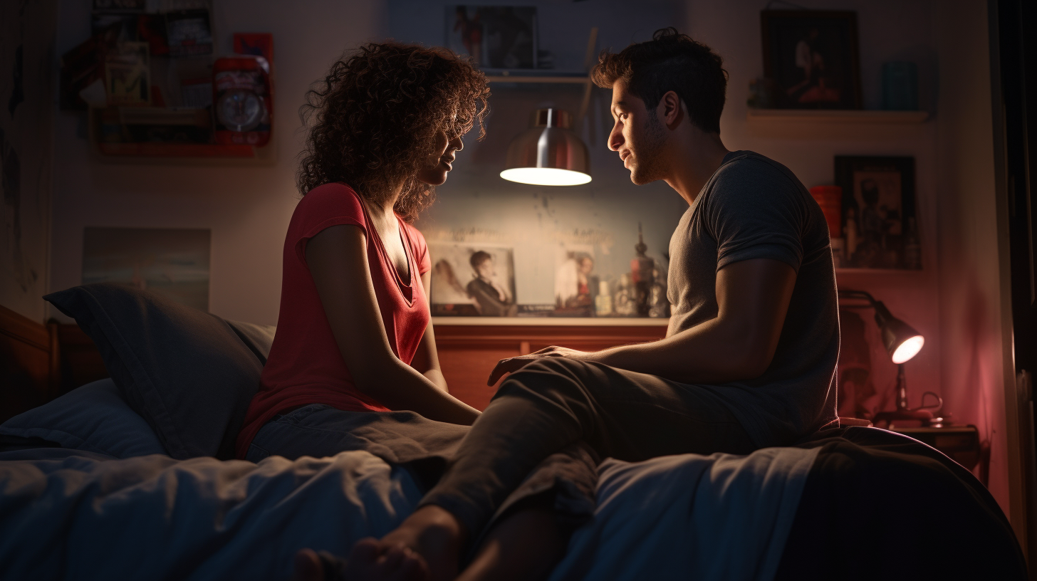 Diverse couples in a bedroom discussing intimate communication and sexual boundaries.