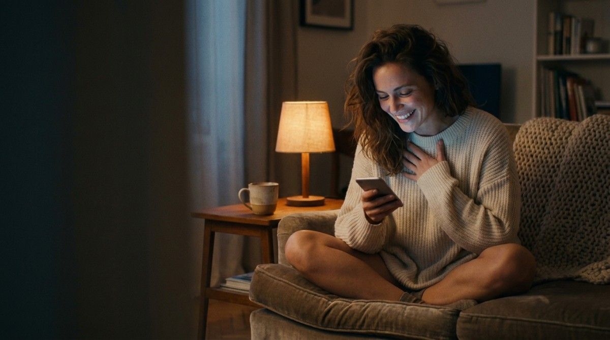 Smiling woman sitting on a couch reading a message on her smartphone in a cozy, softly lit living room.