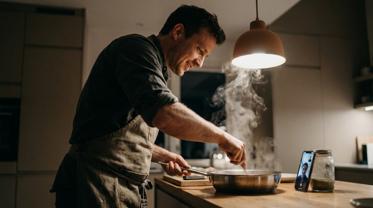 Man cooking in a kitchen while video chatting with someone on a smartphone placed on the countertop.