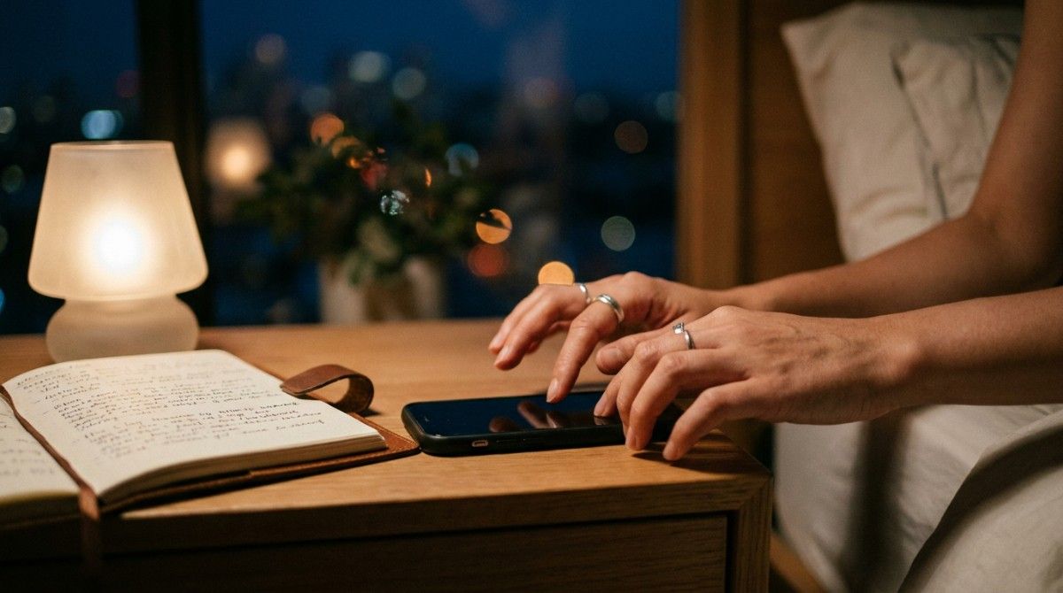 Person reaching for a smartphone on a bedside table beside a notebook and lamp at night.