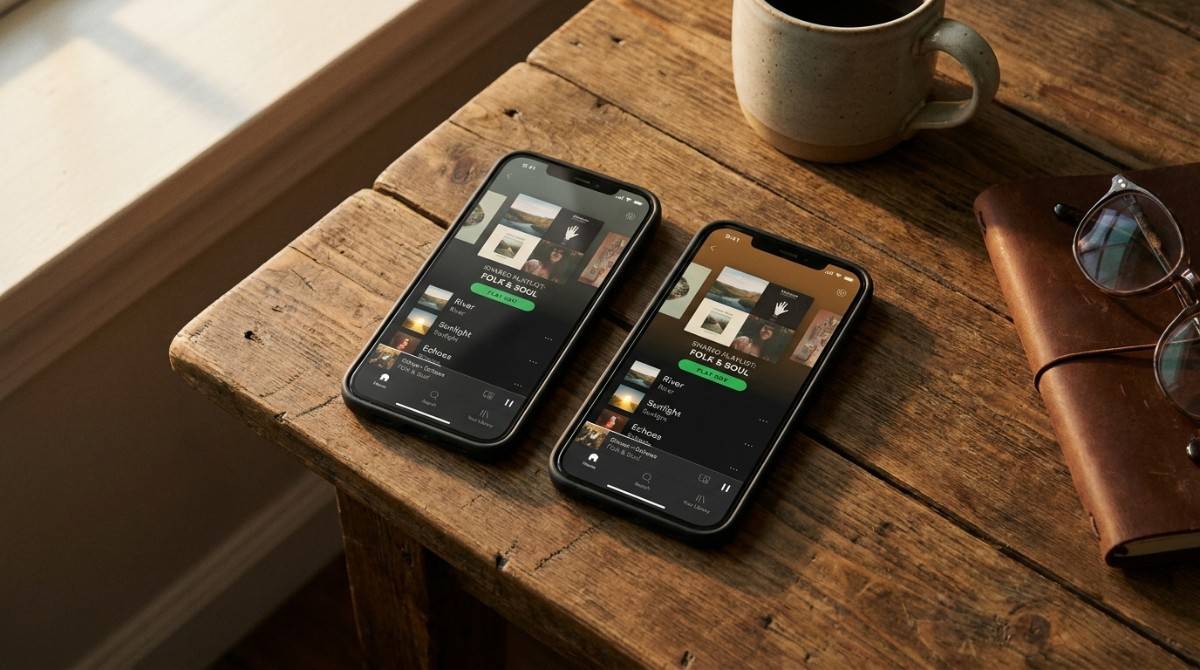 Two smartphones displaying the same music playlist on a wooden table beside a coffee mug and notebook.