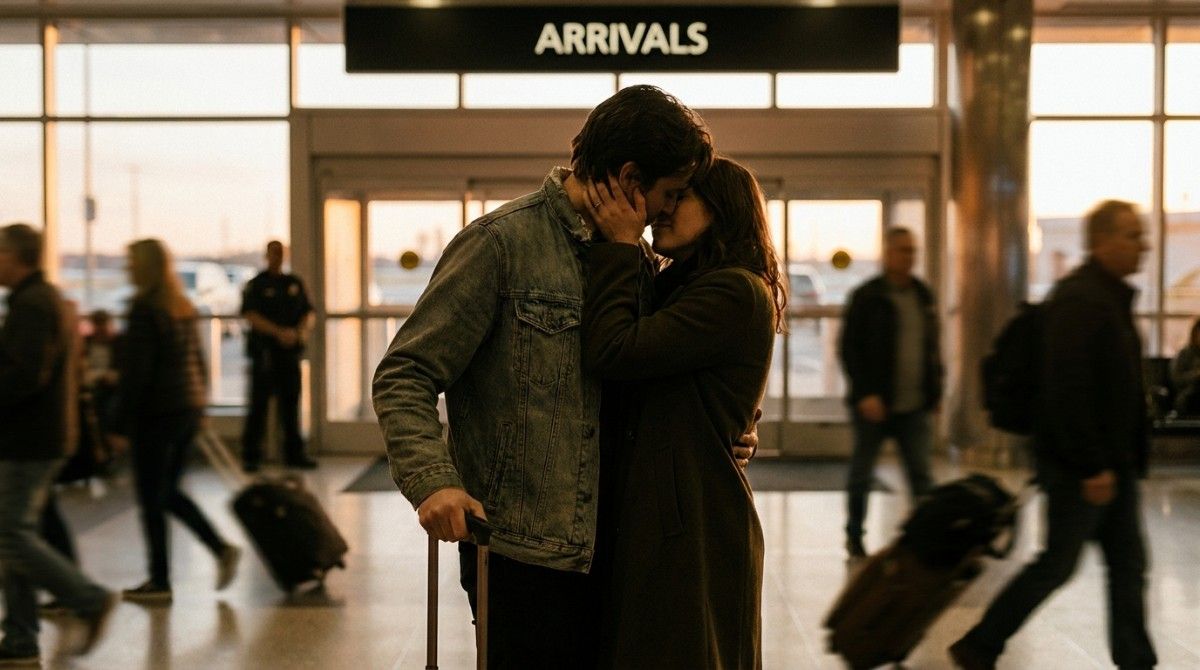 Couple embracing and kissing at an airport arrivals area while travelers pass by in the background.