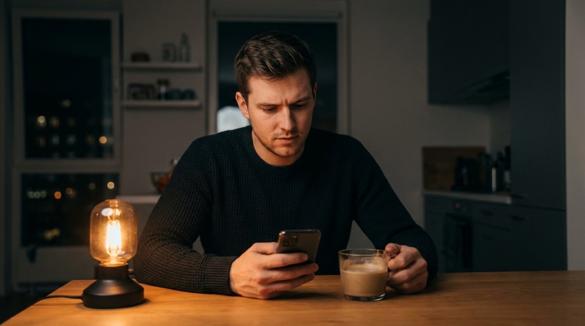 Man sitting alone at table at night looking at smartphone with coffee, showing solitude, screen time, and late-night thoughts.