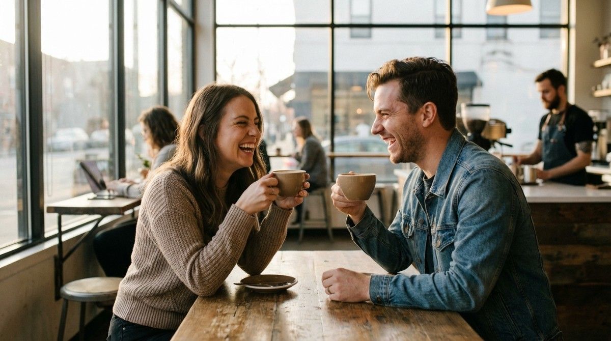 Couple sitting at café table laughing and holding coffee cups, enjoying face-to-face conversation and emotional connection.