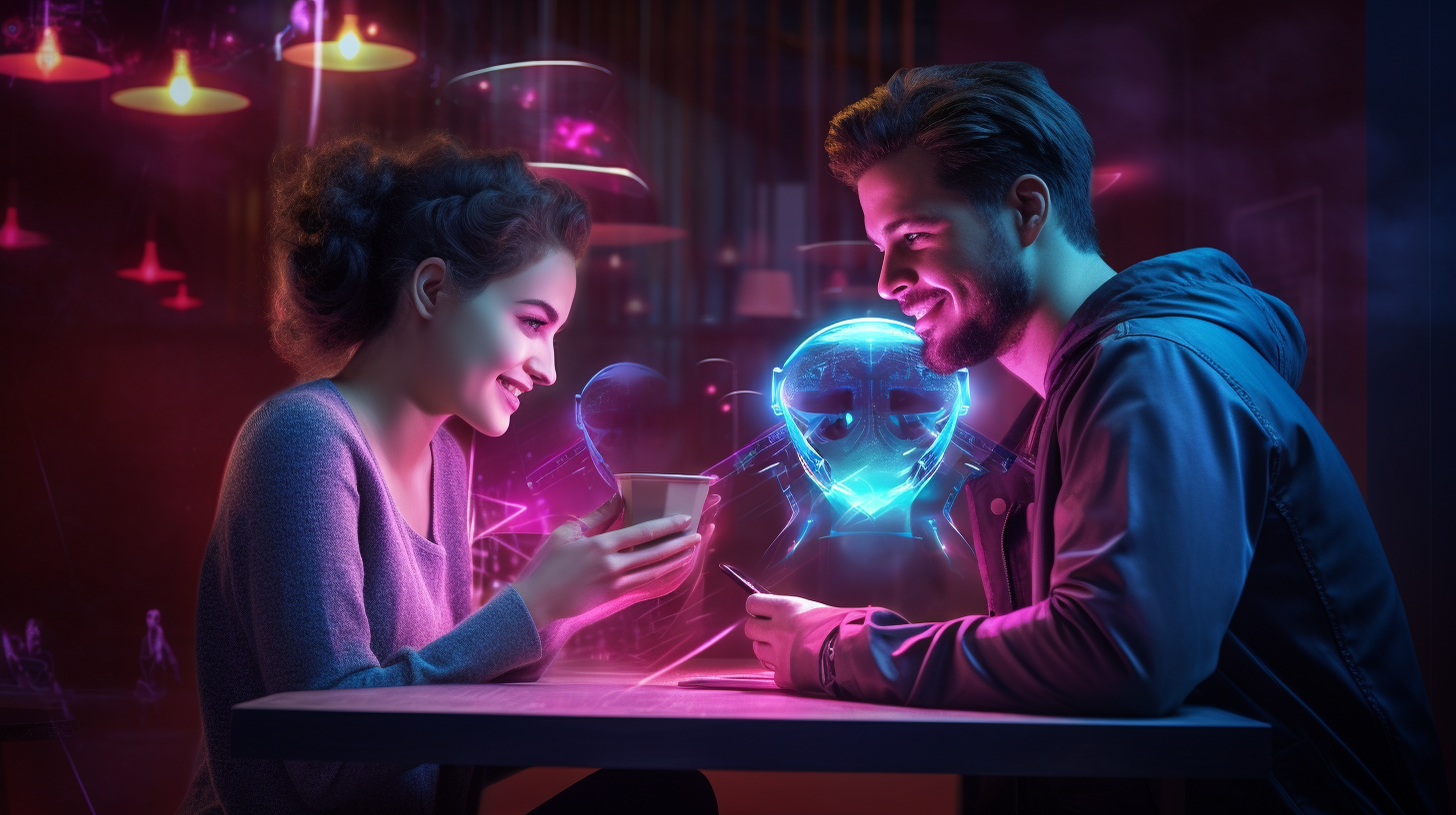Vintage vs. Modern Dating: Classic diner date juxtaposed with a futuristic digital dating app interaction against a city skyline.