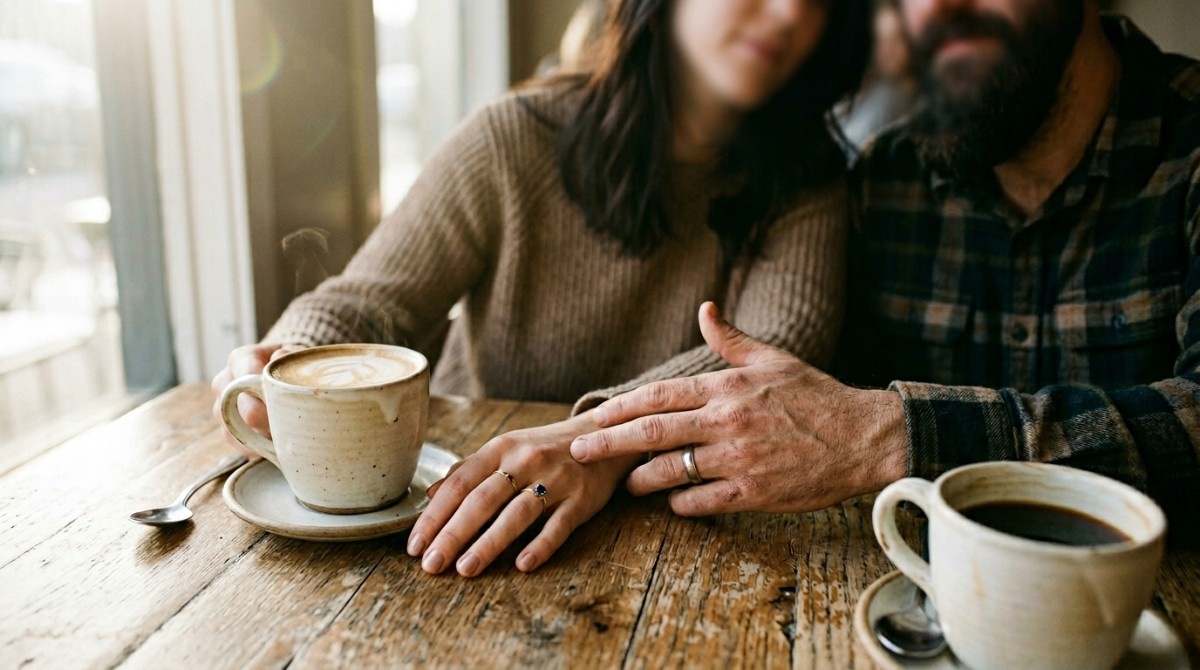 Close-up of couple holding hands over coffee showing emotional intimacy built through meaningful conversations