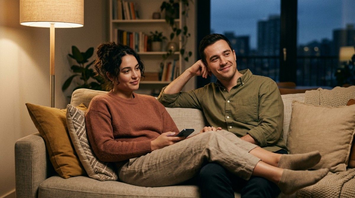Couple sitting on couch casually using phone and chatting in relaxed setting without deep conversation