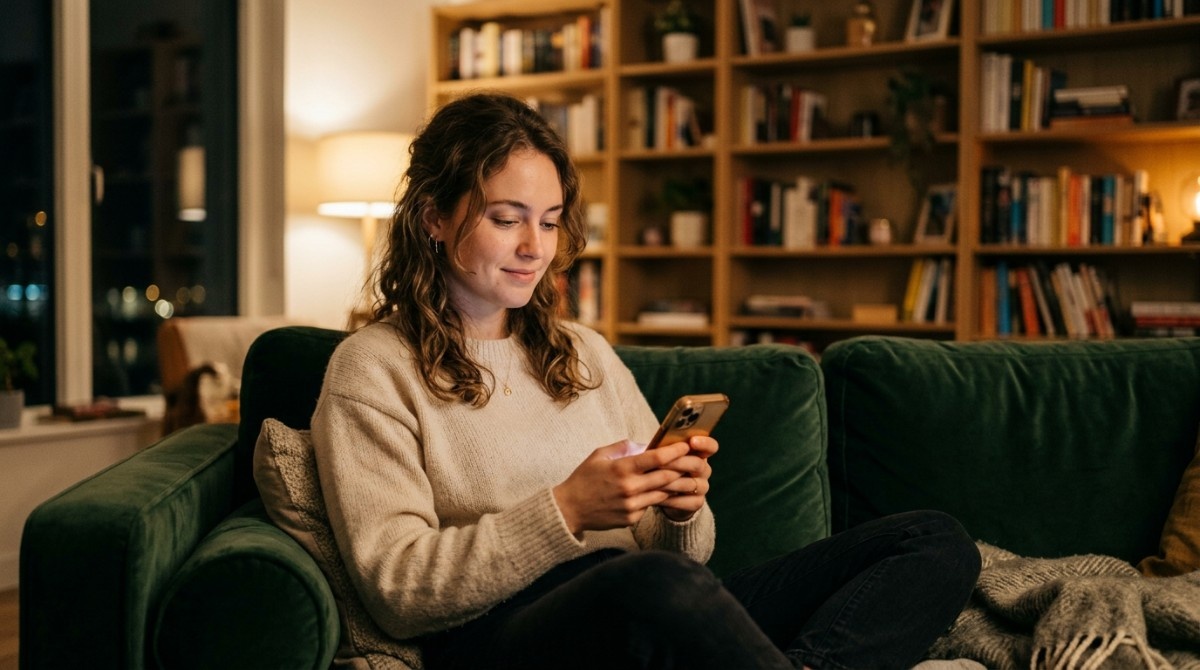 Woman sitting on sofa smiling while texting on smartphone in cozy living room, representing early-stage attraction and digital communication.