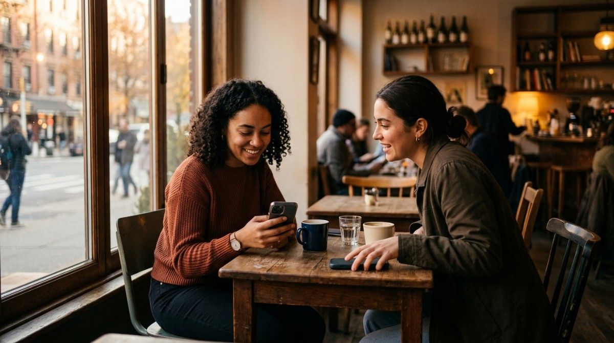 Two women sitting in café smiling and looking at smartphone together, representing social interaction and online-to-offline connection.
