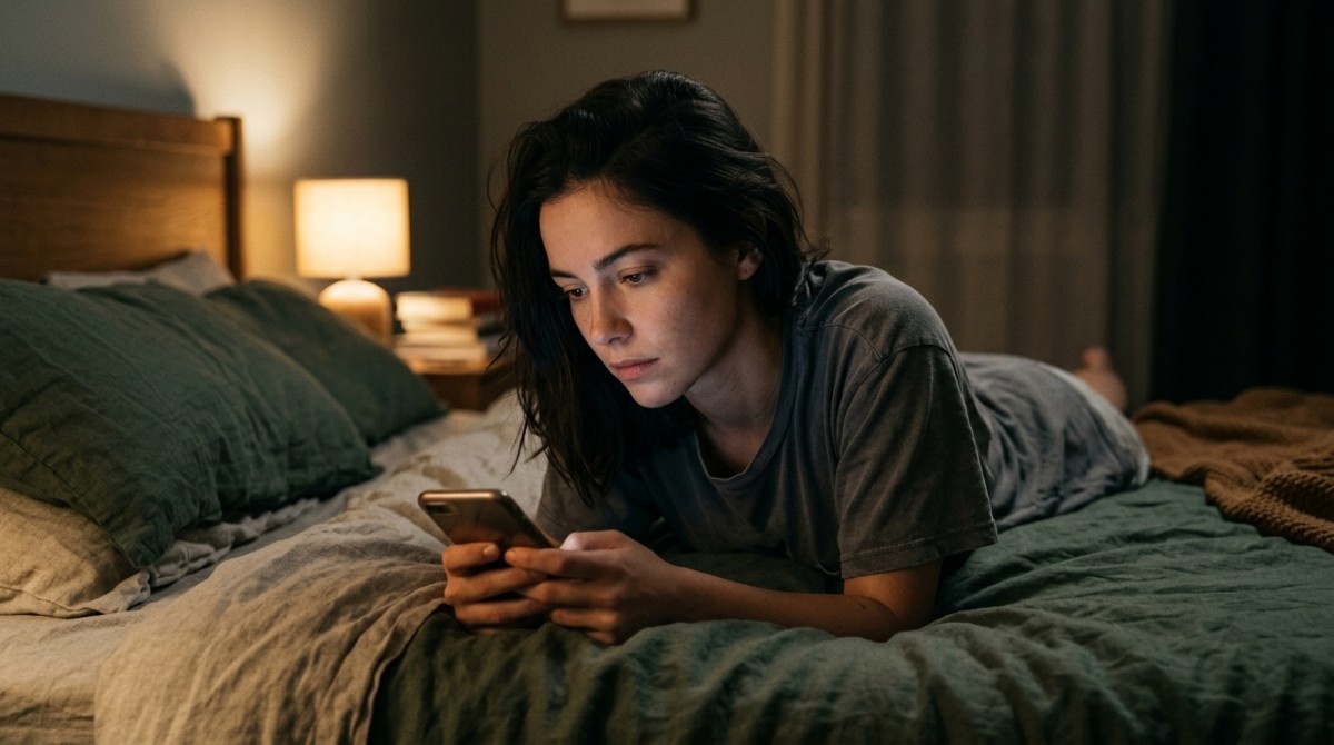 Woman lying on bed at night looking at phone with serious expression, representing overthinking, mixed signals, and texting anxiety.