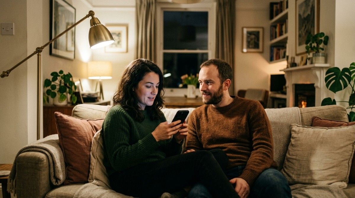 Couple sitting on couch looking at phone together, showing shared texting, trust, and relationship interaction at home.