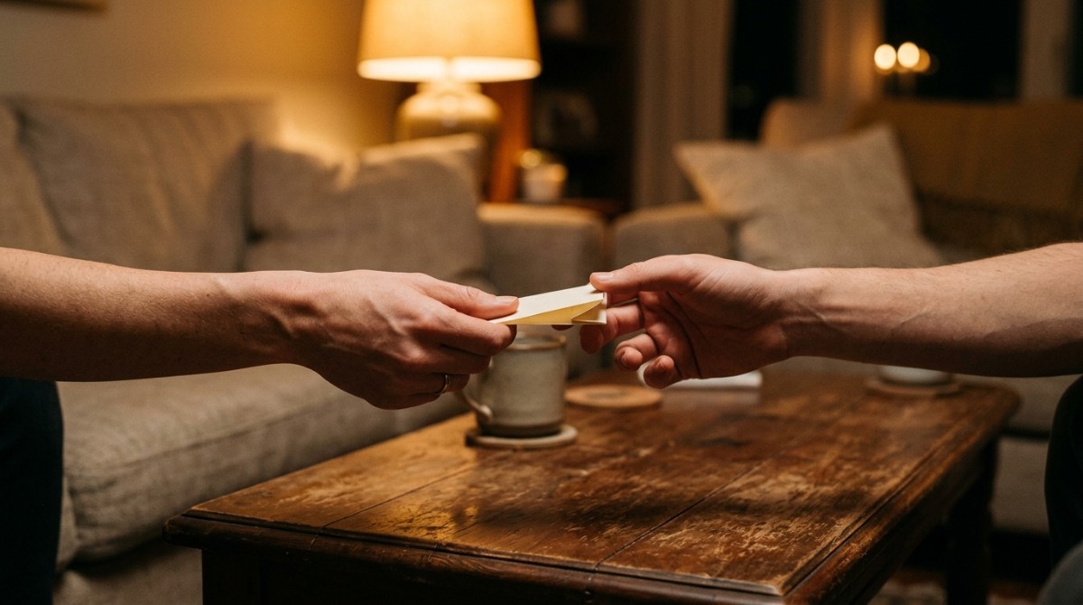 Two people exchanging question cards during a conversation game highlighting structured questions in relationships