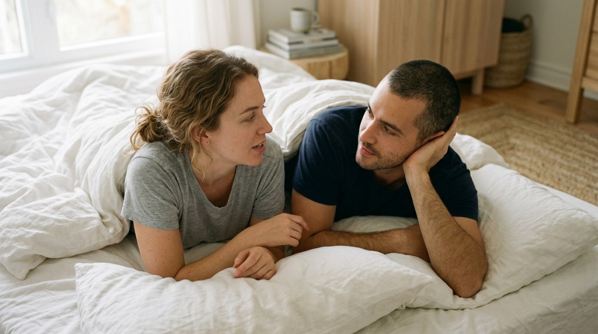 Couple lying in bed having a deep late-night conversation creating emotional connection
