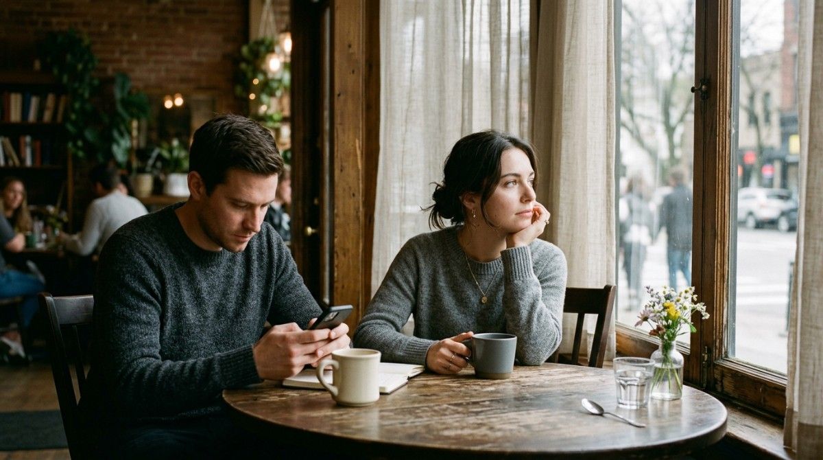 Couple sitting together at a café table, man looking at phone while woman gazes outside appearing disconnected