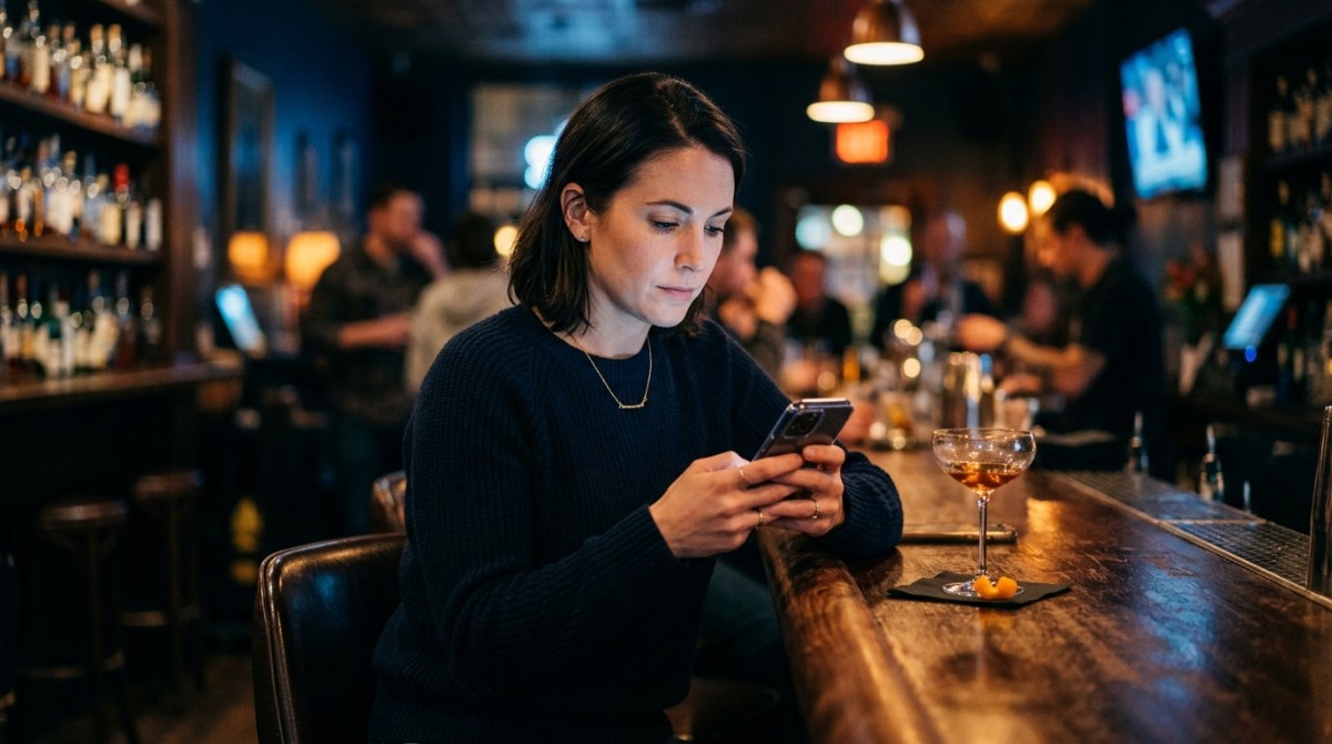 Woman sitting alone at a bar looking at her phone with a drink beside her in a dimly lit setting
