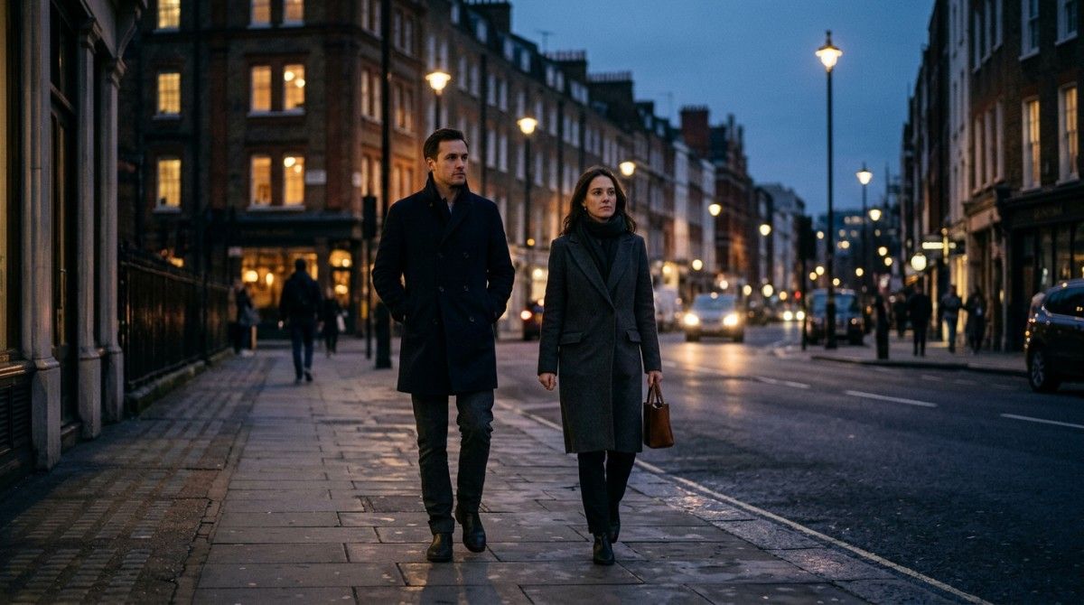 Couple walking side by side on a city street at night without engaging conversation