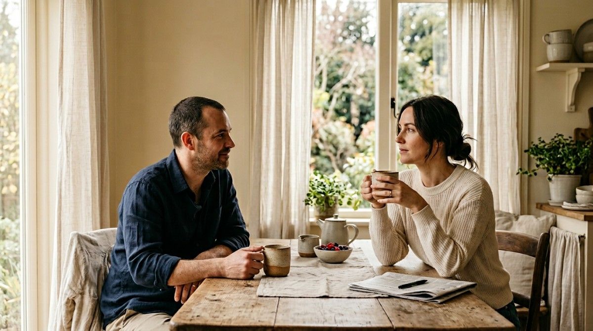 Couple sitting at breakfast table with coffee having a calm and meaningful conversation at home