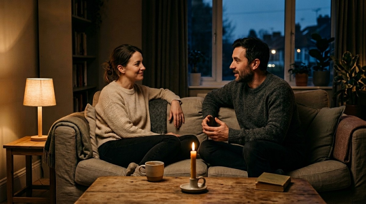 Couple sitting on couch having a focused and emotionally engaged conversation in a cozy setting