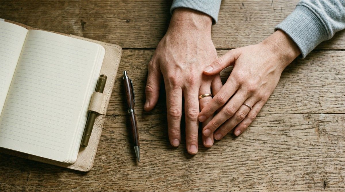 Close-up of couple’s hands resting together near a notebook symbolizing intentional and meaningful relationship conversations.