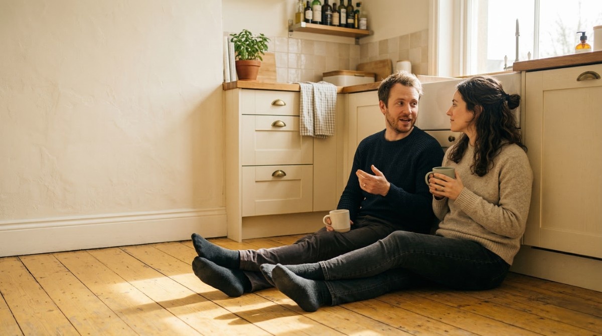 Couple sitting on kitchen floor drinking coffee and talking about their relationship