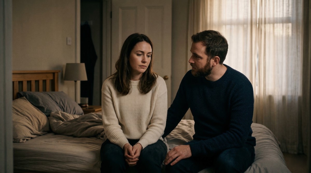 Couple sitting on sofa having an emotional conversation about their relationship