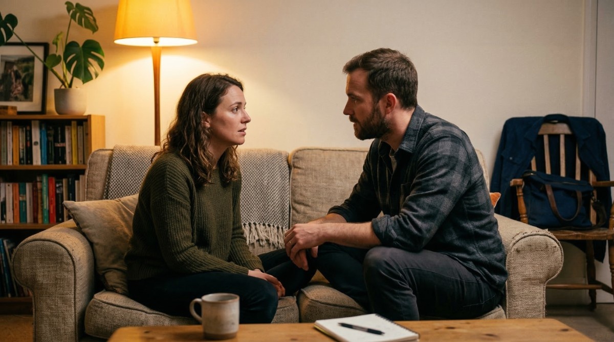 Couple sitting on bed having a serious relationship conversation at home