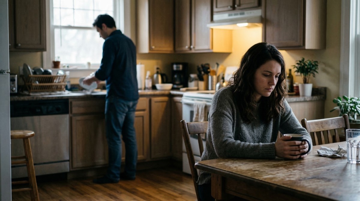 Woman sitting alone at kitchen table while partner cleans dishes after an argument
