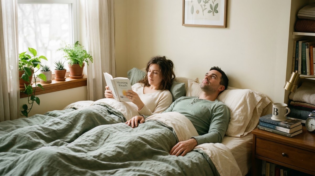 Couple lying in bed together during a quiet morning routine at home