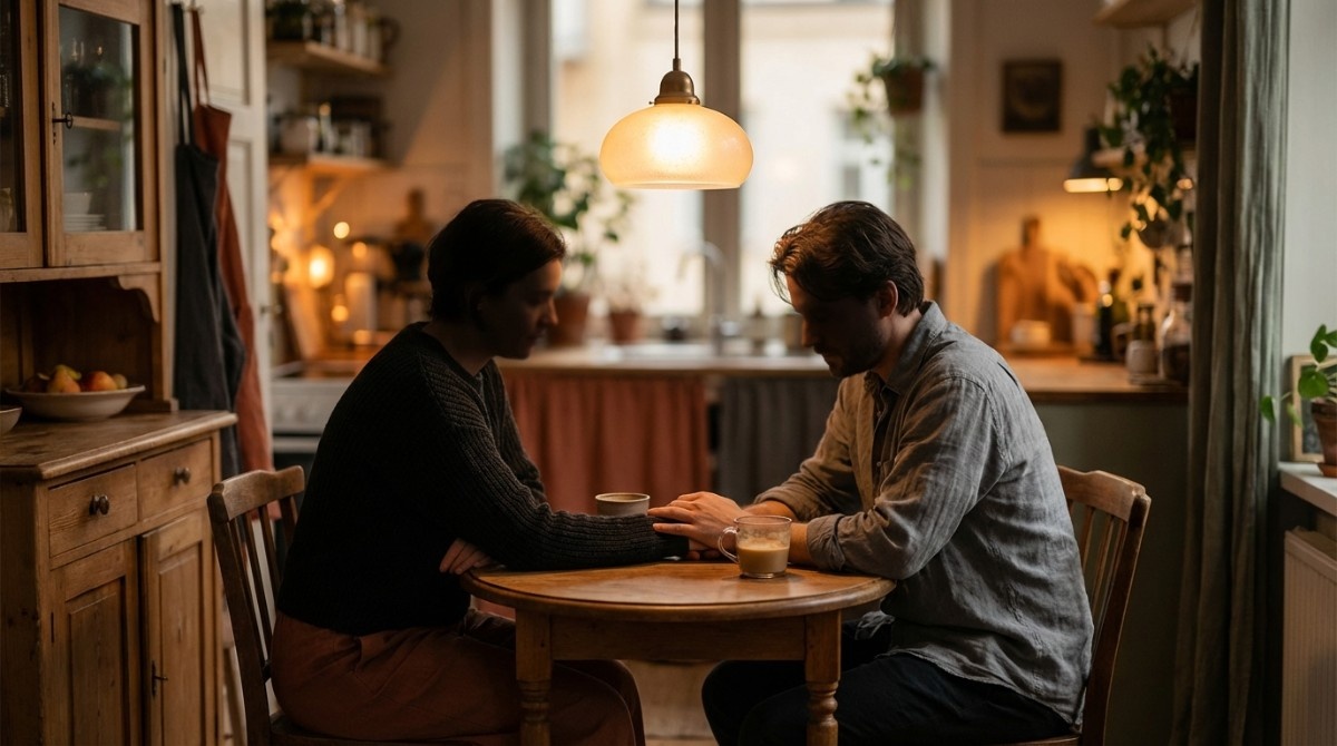 Couple sitting at a small table holding hands with coffee, having a serious emotional conversation in a cozy home setting.