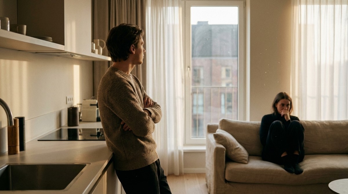 Man standing in kitchen looking away while woman sits alone on couch, showing emotional distance and relationship conflict at home.