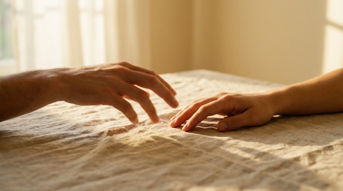 Close-up of two hands reaching toward each other on a bed, symbolizing intimacy, hesitation, and emotional connection.