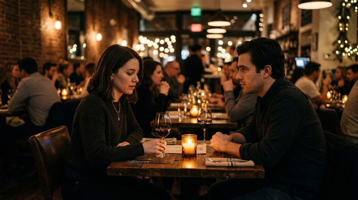Couple sitting at a restaurant table with minimal eye contact, appearing awkward and disconnected during a date