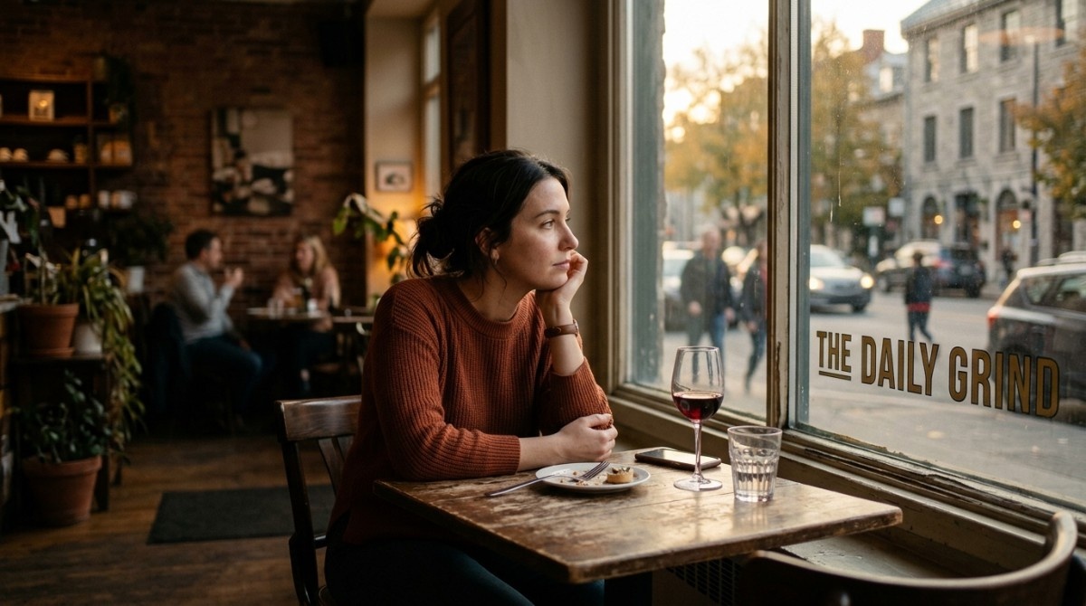 Woman sitting alone at a café table after a date, looking out the window thoughtfully with a drink in front of her