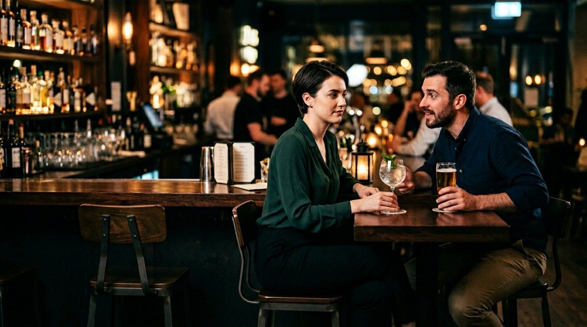 Couple sitting at a bar, one person talking while the other looks disengaged and uninterested