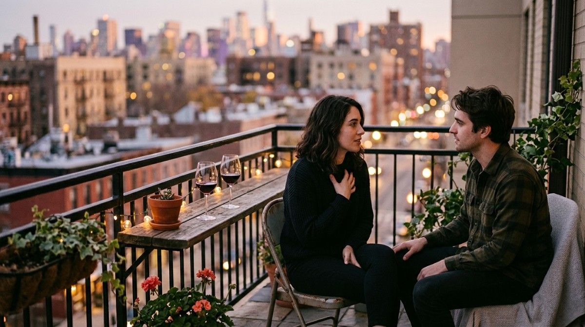 Couple having deep conversation on balcony at sunset with city view