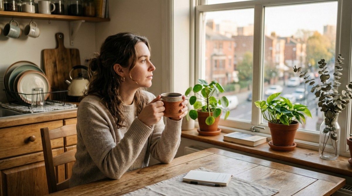 Woman drinking coffee and reflecting by window in cozy home setting