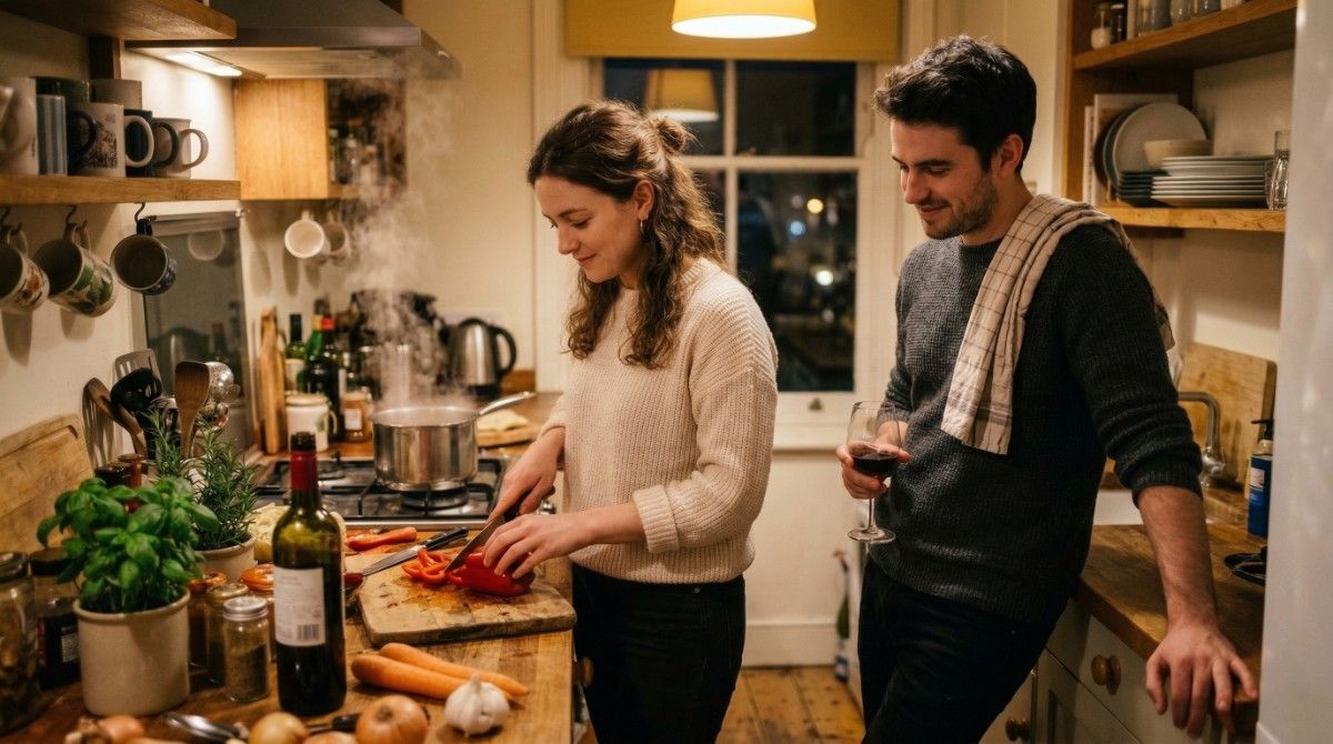 Couple cooking together in kitchen with wine and relaxed atmosphere